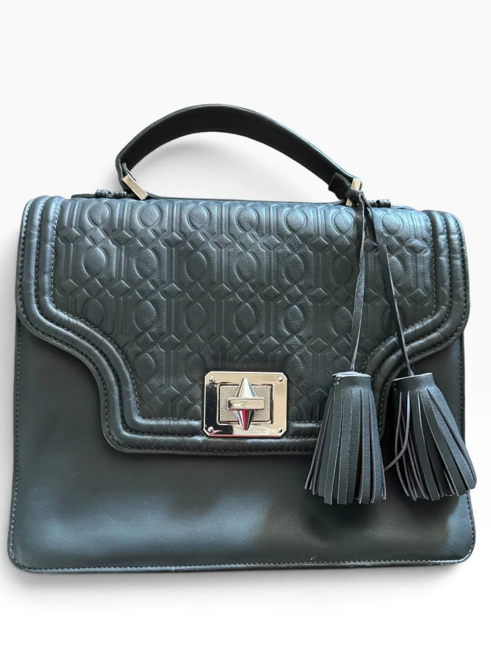 B Brian Atwood Black Monogram Embossed Top Handle Satchel Bag with Tassels
